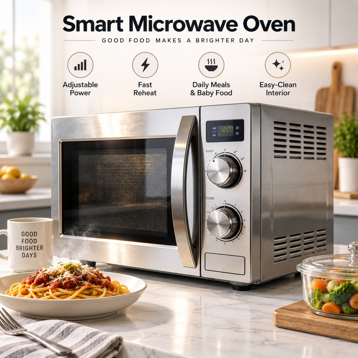 🥘 RIISULT Smart Multi-Function Microwave Oven | 360° Uniform Heating & Adjustable Power | One-Touch Fast Reheat | Easy-Clean Interior | Quiet Home Food Warmer for Daily Meals & Baby Food ✨