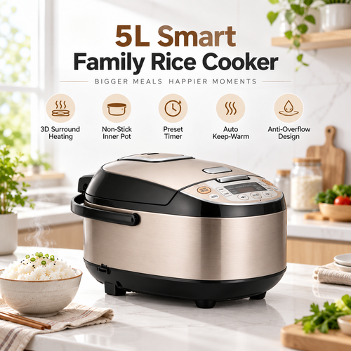 🍚✨ RIISULT 5L Smart Family Rice Cooker | 3D Surround Heating & Even Cooking | Non-Stick Inner Pot | Preset Timer, Automatic Keep-Warm & Anti-Overflow | Large-Capacity Rice & Grain Cooker for Everyday Meals