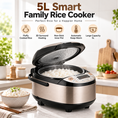 🍚✨ RIISULT 5L Smart Family Rice Cooker | 3D Surround Heating & Even Cooking | Non-Stick Inner Pot | Preset Timer, Automatic Keep-Warm & Anti-Overflow | Large-Capacity Rice & Grain Cooker for Everyday Meals