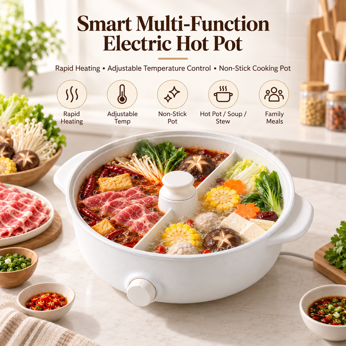 🥑✨ RIISULT Smart Multi-Function Electric Hot Pot | Rapid Heating & Adjustable Temperature Control | Non-Stick Cooking Pot | Ideal for Hot Pot, Soup, Stew & Everyday Family Meals