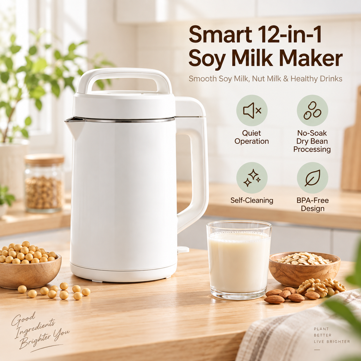 ✨ RIISULT Smart 12-in-1 Soy Milk Maker | Quiet Blending & No-Soak Dry Bean Processing | Automatic Self-Cleaning | Nutrient-Preserving Plant Milk Maker | BPA-Free for Everyday Healthy Drinks
