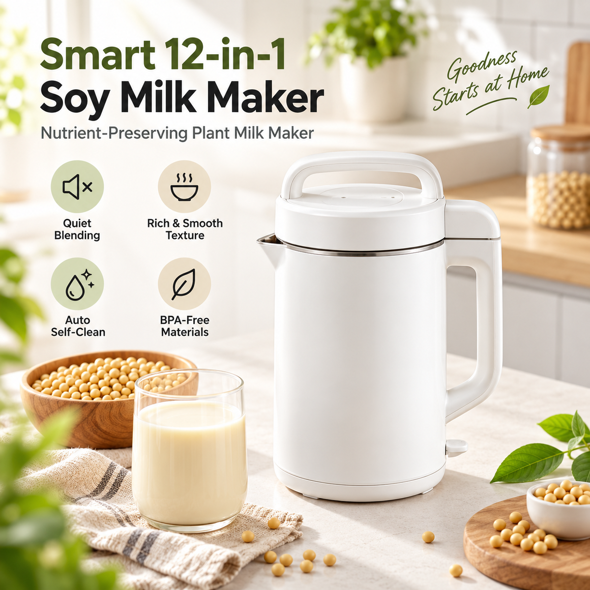 ✨ RIISULT Smart 12-in-1 Soy Milk Maker | Quiet Blending & No-Soak Dry Bean Processing | Automatic Self-Cleaning | Nutrient-Preserving Plant Milk Maker | BPA-Free for Everyday Healthy Drinks
