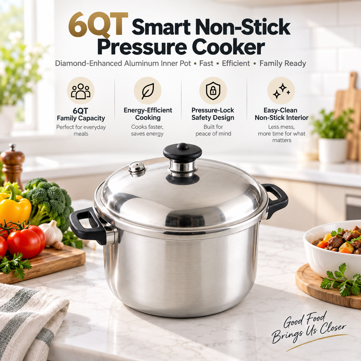 🌹✨ RIISULT 6QT Smart Non-Stick Pressure Cooker | Diamond-Enhanced Aluminum Inner Pot | Touch Control & One-Touch Pressure Release | Fast, Energy-Efficient Cooking for Everyday Family Meals