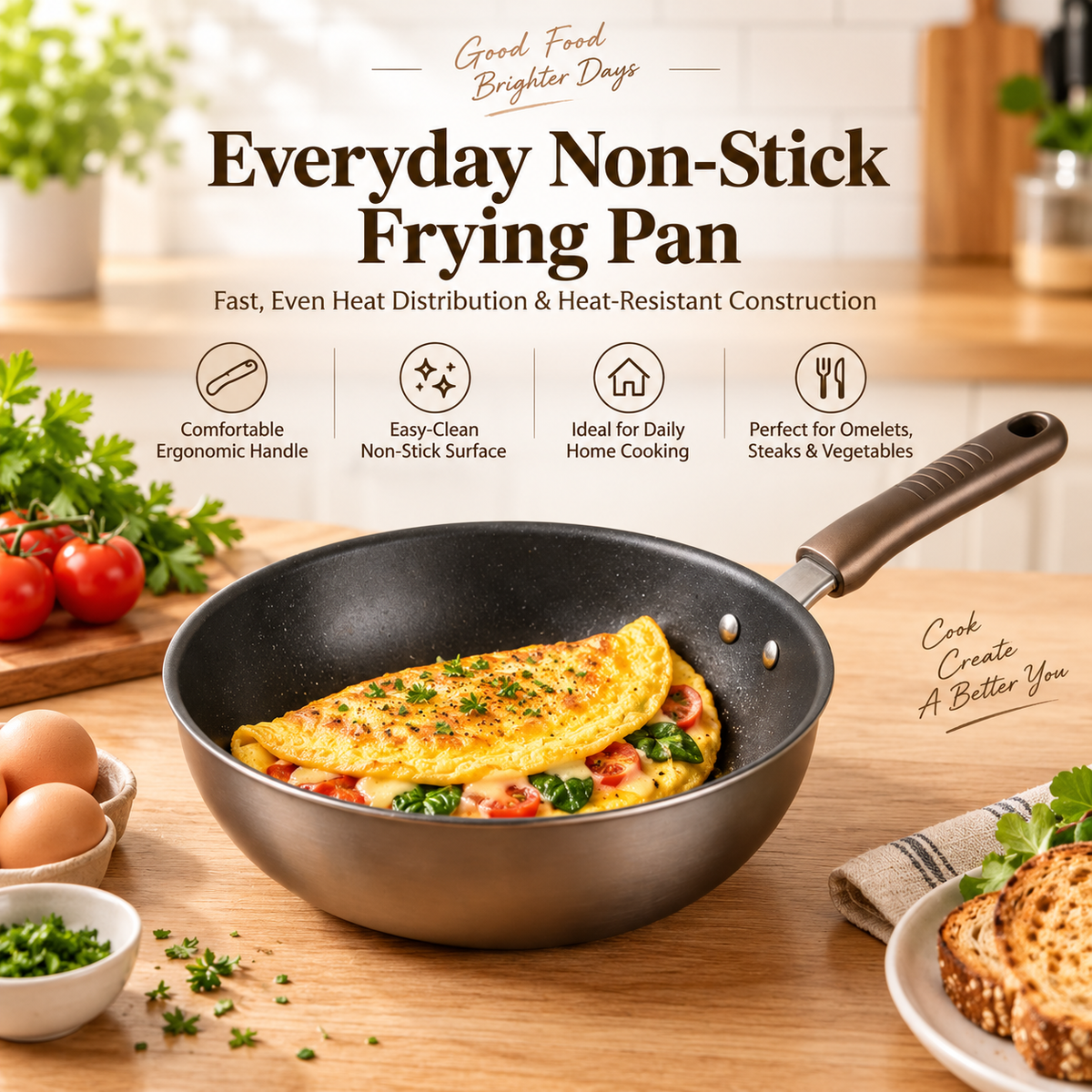 🧡✨ RIISULT Everyday Non-Stick Frying Pan | Fast, Even Heat Distribution & Heat-Resistant Construction | Comfortable Ergonomic Handle | Ideal for Omelets, Steaks, Vegetables & Daily Home Cooking