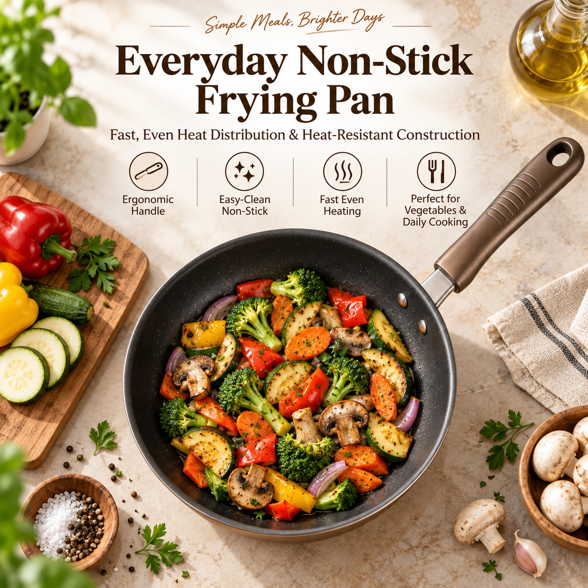 🧡✨ RIISULT Everyday Non-Stick Frying Pan | Fast, Even Heat Distribution & Heat-Resistant Construction | Comfortable Ergonomic Handle | Ideal for Omelets, Steaks, Vegetables & Daily Home Cooking