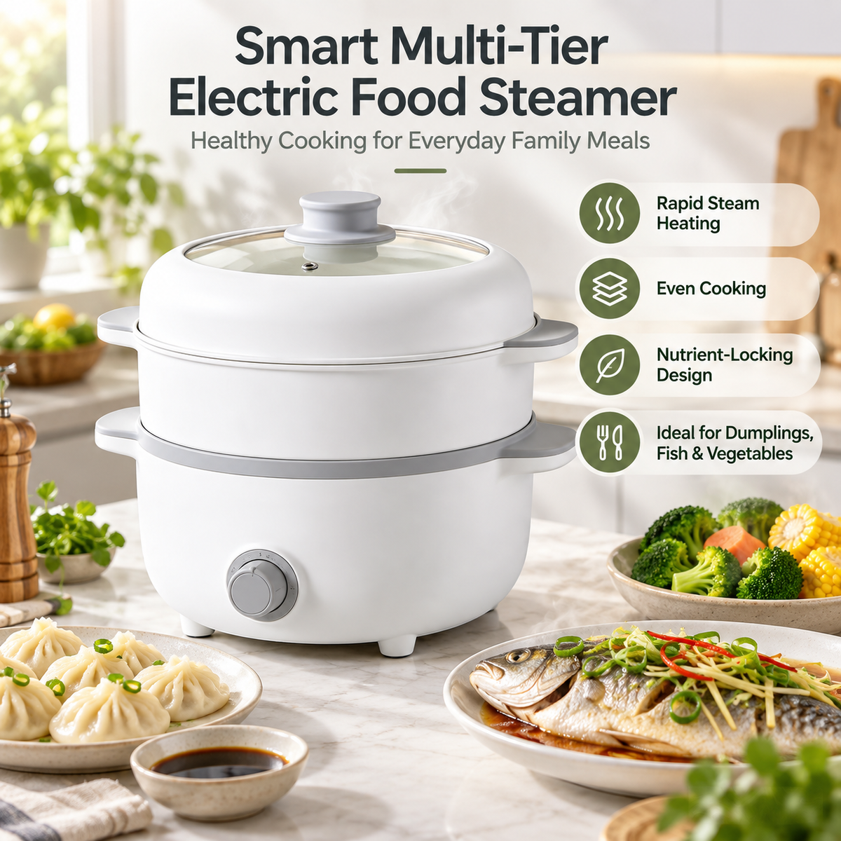 ✨ RIISULT Smart Multi-Tier Electric Food Steamer | Rapid Steam Heating & Even Cooking | Nutrient-Preserving Design | Space-Saving Healthy Cooker for Vegetables, Seafood, Dumplings & Everyday Family Meals
