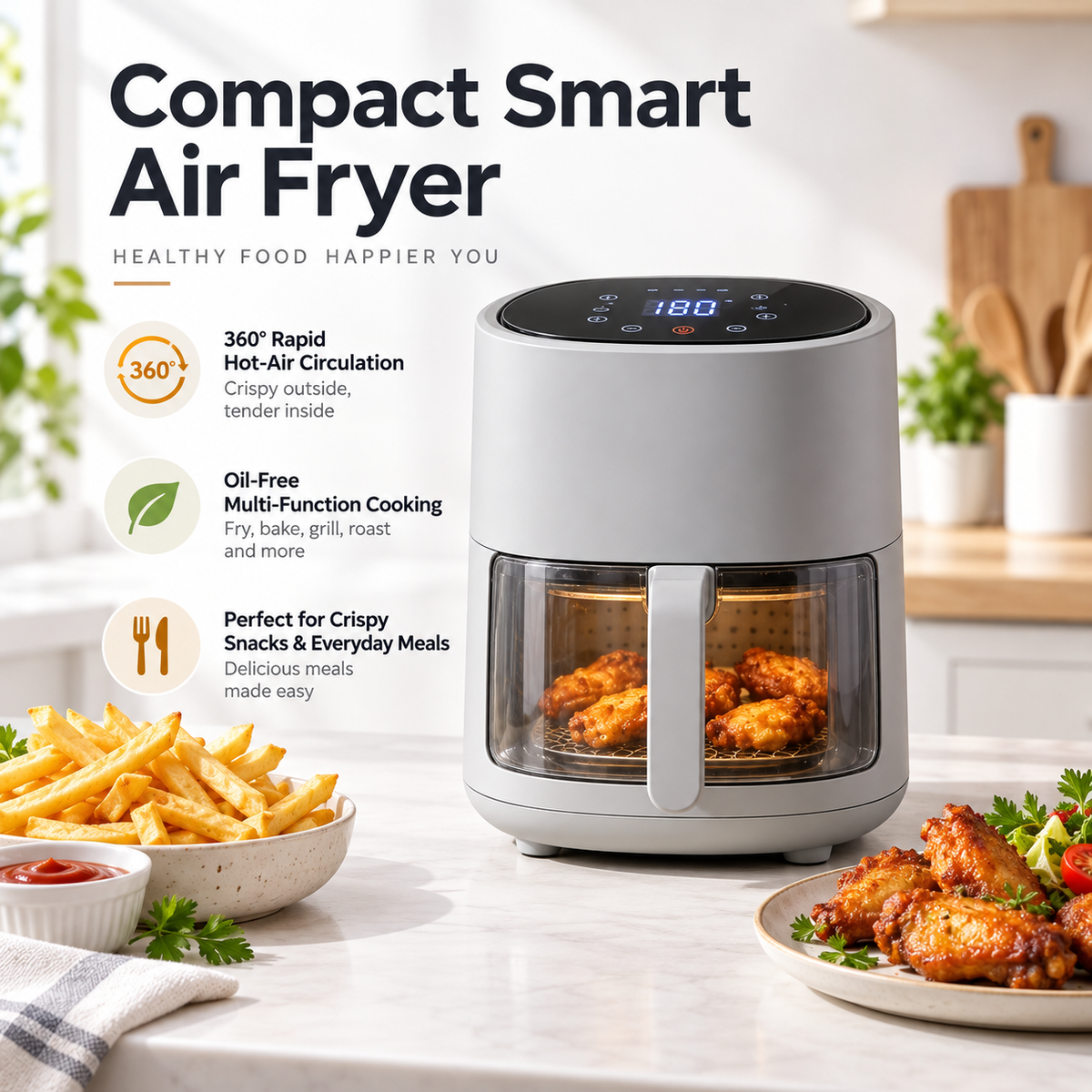🌹✨ RIISULT Compact Smart Air Fryer | 360° Rapid Hot-Air Circulation | Oil-Free Multi-Function Cooking | Space-Saving Design for Crispy Snacks, Everyday Meals & Quick Home Cooking