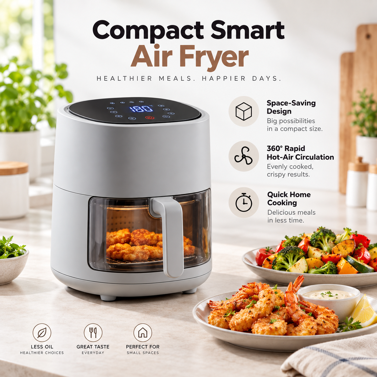 🌹✨ RIISULT Compact Smart Air Fryer | 360° Rapid Hot-Air Circulation | Oil-Free Multi-Function Cooking | Space-Saving Design for Crispy Snacks, Everyday Meals & Quick Home Cooking